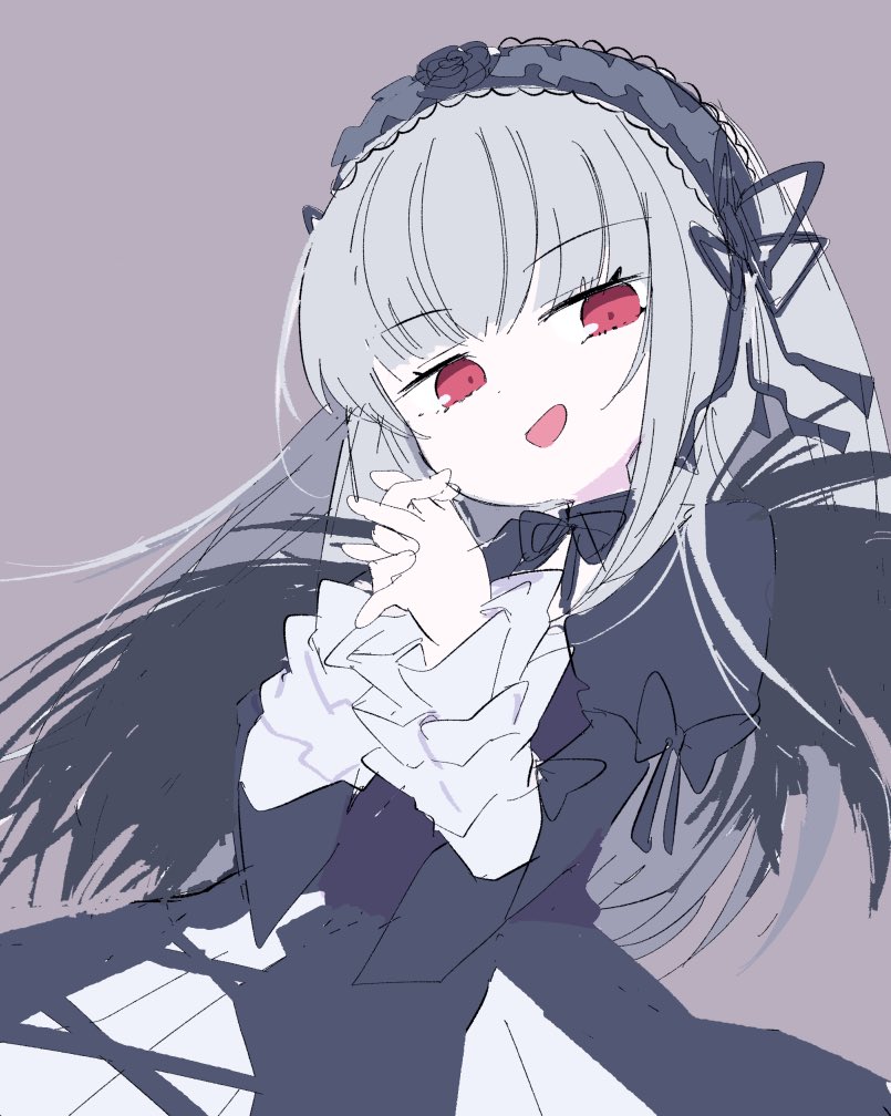 1girl black_dress black_wings blunt_bangs dress frills gothic_lolita grey_hair hairband lolita_fashion lolita_hairband long_hair long_sleeves looking_at_viewer mzh open_mouth red_eyes rozen_maiden simple_background sketch solo suigintou wings