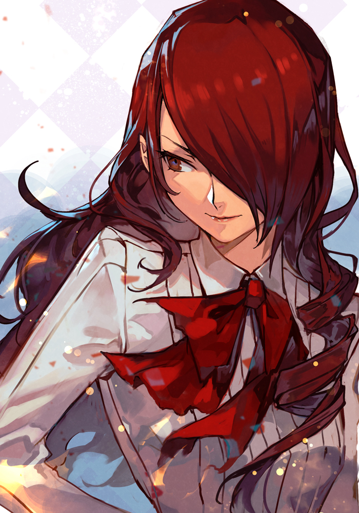 1girl bow bowtie checkered_background closed_mouth drill_hair gekkoukan_high_school_uniform hair_over_one_eye hankuri kirijou_mitsuru long_hair looking_to_the_side parted_bangs persona persona_3 pleated_shirt red_bow red_bowtie red_eyes redhead school_uniform shirt sidelocks solo swept_bangs upper_body white_shirt