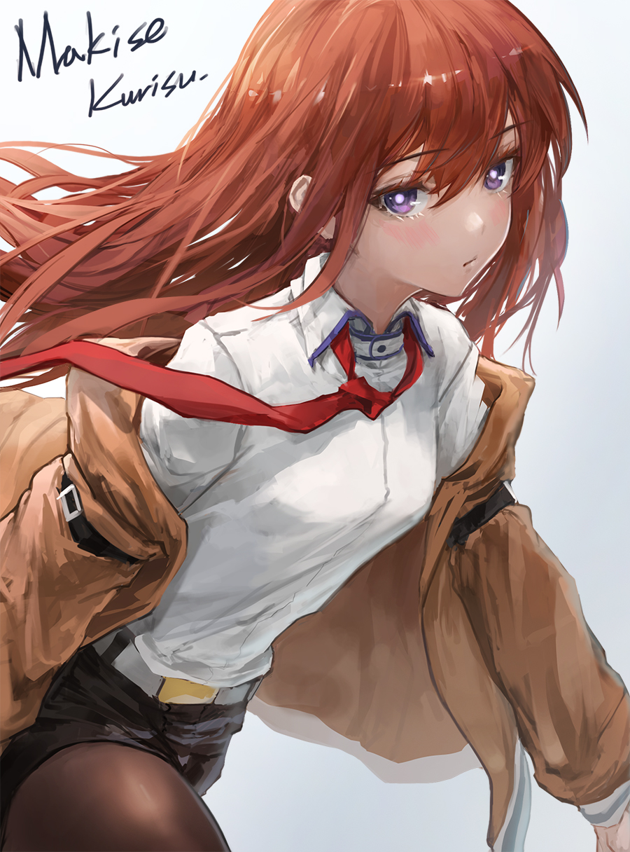 1girl belt black_pantyhose black_shorts blush breasts brown_jacket character_name closed_mouth collared_shirt commentary_request hair_between_eyes highres jacket long_hair looking_at_viewer loose_necktie makise_kurisu necktie off_shoulder open_clothes open_jacket pantyhose red_necktie redhead shirt shirt_tucked_in short_shorts shorts small_breasts solo steins;gate sterben violet_eyes white_belt white_shirt