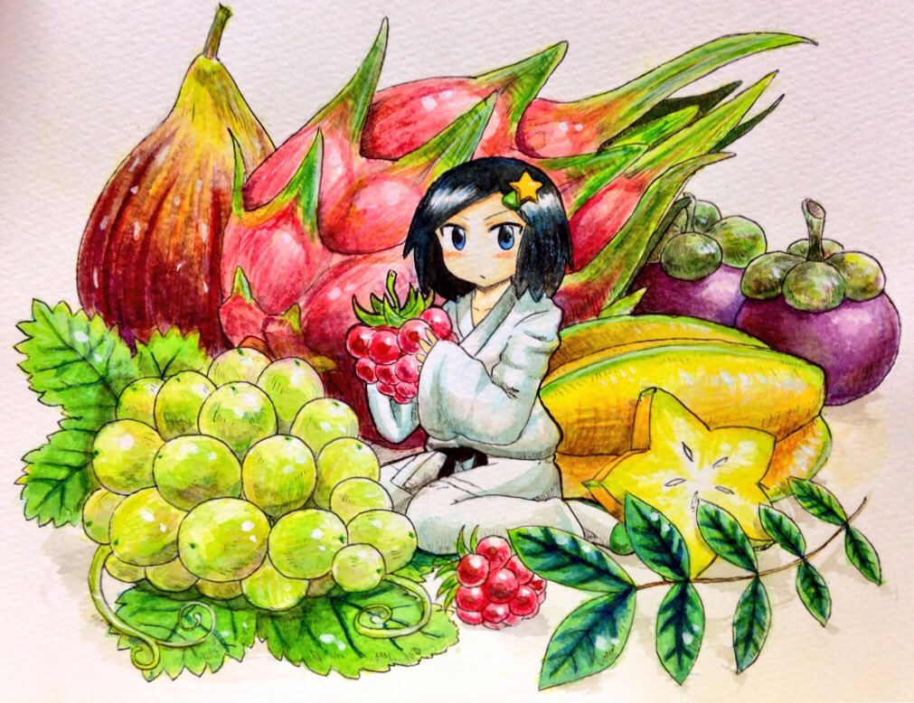 1girl belt black_belt black_hair blue_eyes blush_stickers borrowed_character check_copyright closed_mouth commentary_request copyright_request dougi dragonfruit food food_request fruit grapes hair_ornament hairclip holding holding_food holding_fruit japanese_clothes karate_gi kimono koaraymt leaf light_frown long_sleeves looking_at_viewer no_shoes original pants raspberry shadow short_hair sitting socks star_(symbol) star_hair_ornament starfruit traditional_media v-shaped_eyebrows wariza white_kimono white_pants white_socks wide_sleeves