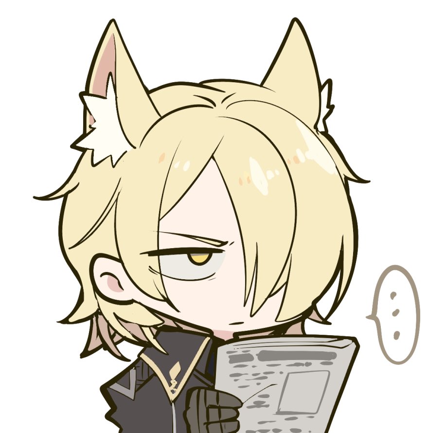 ... 1boy animal_ear_fluff animal_ears arknights blonde_hair chibi closed_mouth hair_over_one_eye holding holding_newspaper male_focus mlynar_(arknights) mzh newspaper simple_background solo spoken_ellipsis upper_body white_background yellow_eyes