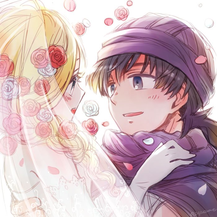 1boy 1girl bare_shoulders bianca_(dq5) black_hair blonde_hair blue_eyes blush braid bridal_veil bride cloak commentary couple dqsuzume dragon_quest dragon_quest_v dress elbow_gloves eye_contact eyelashes falling_petals flower gloves hair_flower hair_ornament hair_over_shoulder hand_on_another's_back hand_on_another's_shoulder hero_(dq5) husband_and_wife light_blush long_hair looking_at_another low_ponytail open_mouth petals purple_cloak purple_headwear single_braid turban upper_body veil wedding_dress white_background white_dress white_gloves white_tunic