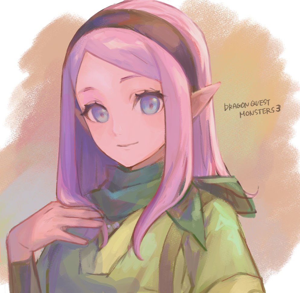 1girl black_hairband black_undershirt blue_eyes clip_studio_paint_(medium) closed_mouth commentary_request dragon_quest dragon_quest_monsters_3 elf green_scarf green_tunic hairband hand_up light_smile long_hair looking_at_viewer min10 pink_hair pointy_ears rosalie_(dq4) scarf sidelocks solo swept_bangs upper_body
