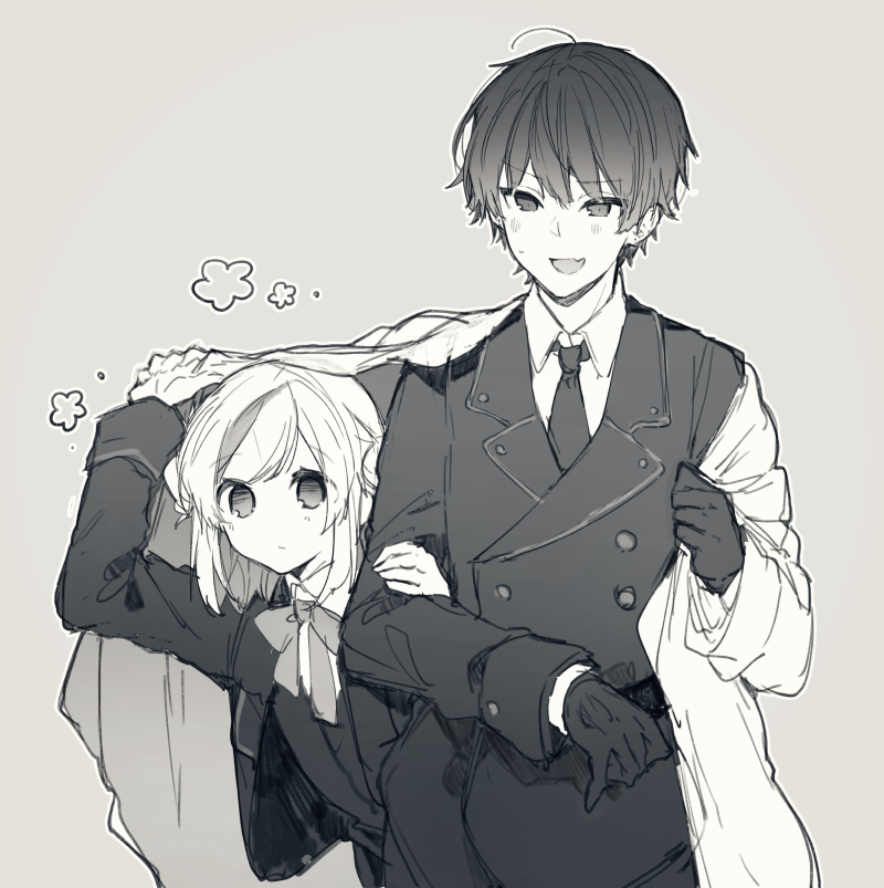 1boy 1girl :d blazer blush bow bowtie buttons collared_shirt commentary_request cowboy_shot double-breasted double_bun expressionless fang gloves greyscale hair_between_eyes hair_bun hand_on_another's_arm hand_up ikeuchi_tanuma jacket leaning_to_the_side long_sleeves looking_at_another looking_at_viewer medium_hair melvin_(ikeuchi_tanuma) monochrome necktie open_clothes open_jacket open_mouth original raised_eyebrows rije_(ikeuchi_tanuma) shadow shirt short_hair sidelocks skin_fang smile solid_eyes straight-on sweatdrop swept_bangs