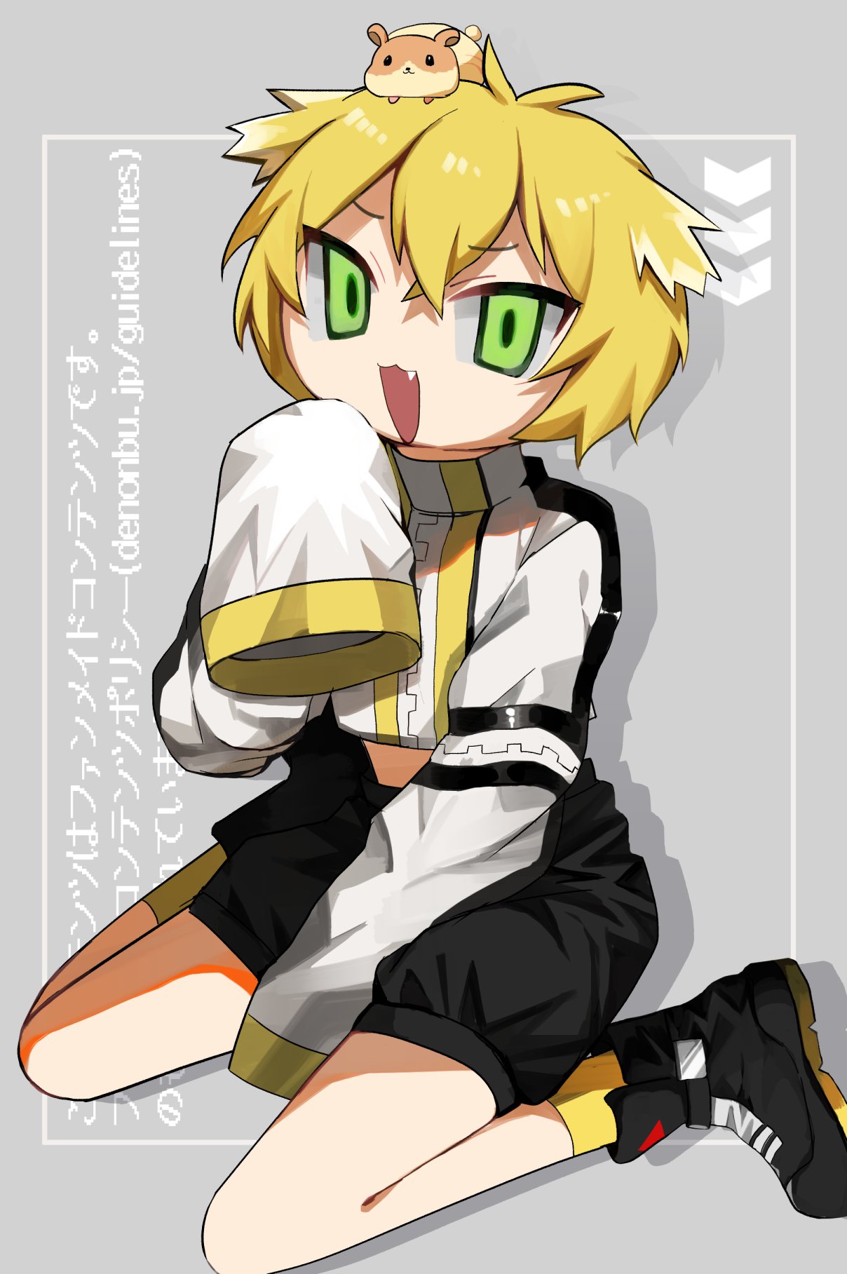 1girl animal_on_head between_legs black_footwear black_shorts blonde_hair commentary cropped_jacket denonbu fang full_body green_eyes grey_background hair_between_eyes hamkatsu_(denonbu) hamster hand_between_legs highres jacket long_sleeves looking_at_viewer midriff multicolored_hair on_head open_mouth shoes short_hair shorts sitting sleeves_past_fingers sleeves_past_wrists smile sneakers solo taiga_lucia v7mtdf wariza white_jacket