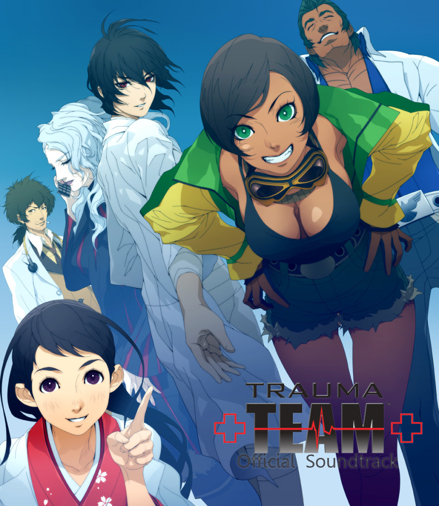 album_cover belt bent_over black_hair breasts camisole cellphone chou_shittou_caduceus cigarette cleavage closed_eyes cover cr-s01 cutoffs dark_skin denim denim_shorts doctor doi_masayuki down_blouse everyone facial_hair gabriel_cunningham goggles goggles_around_neck green_eyes grin hands_on_hips hank_freebird jacket japanese_clothes kimono labcoat large_breasts lipstick long_hair maria_torres mira_kimishima mouth_hold necktie official_art open_clothes open_jacket phone pointing ponytail purple_eyes purple_lipstick red_eyes short_hair shorts sideburns smile standing stethoscope stubble studded_belt thigh_gap tomoe_tachibana track_jacket trauma_team white_hair