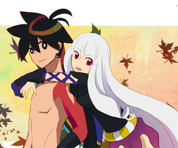 artist_request asymmetrical_clothes hug hug_from_behind katanagatari long_hair shirtless smile togame tsubaki_(tya10) yasuri_shichika