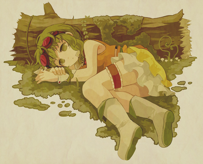 chaba_(hortensia) goggles goggles_on_head green_eyes green_hair gumi lying nature on_side short_hair skirt solo vocaloid