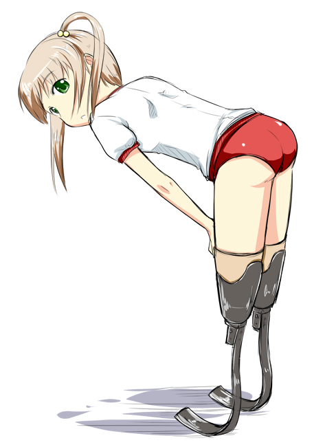 aoinu ass bent_over blonde_hair brown_hair buruma green_eyes gym_uniform hair_bobbles hair_ornament ibarazaki_emi katawa_shoujo prosthesis twintails