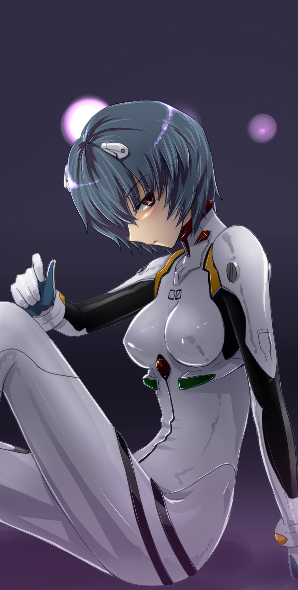 ayanami_rei blue_hair blush bodysuit breasts highres leg_up neon_genesis_evangelion plugsuit prime profile red_eyes short_hair sitting skin_tight solo