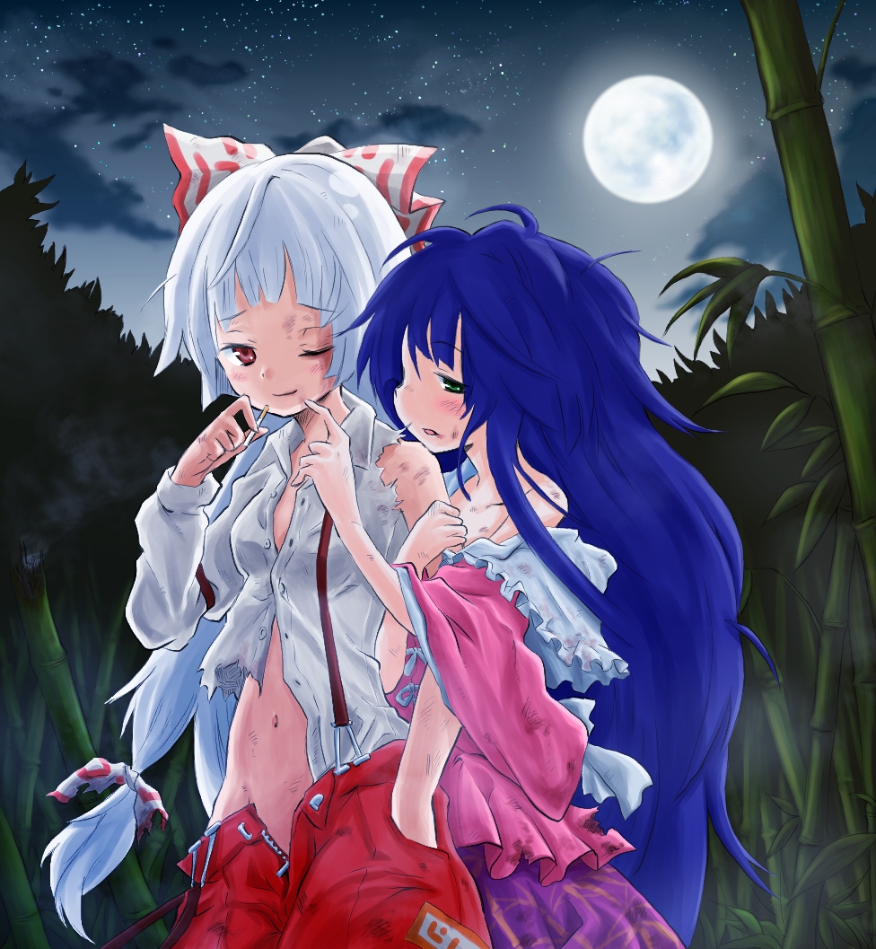 arm_holding bad_id bamboo bamboo_forest bare_shoulders black_hair blue_hair bow cigarette forest fujiwara_no_mokou full_moon green_eyes hand_in_pocket houraisan_kaguya injured injury issin. long_hair maruminegare messy_hair moon multiple_girls nature navel night night_sky off_shoulder red_eyes sky smoking suspenders torn_clothes touhou very_long_hair white_hair wink yuri