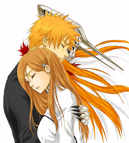 1boy 1girl bleach brown_hair closed_eyes couple hair_ornament hairclip inoue_orihime kurosaki_ichigo long_hair orange orange_hair