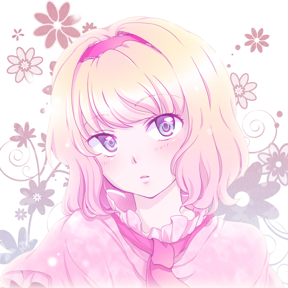 alice_margatroid bad_id blonde_hair blush capelet face flower gradient_hair hairband head_tilt multicolored_hair necktie open_mouth pink pink_eyes pink_hair short_hair solo touhou yuuyuu_(yuko)