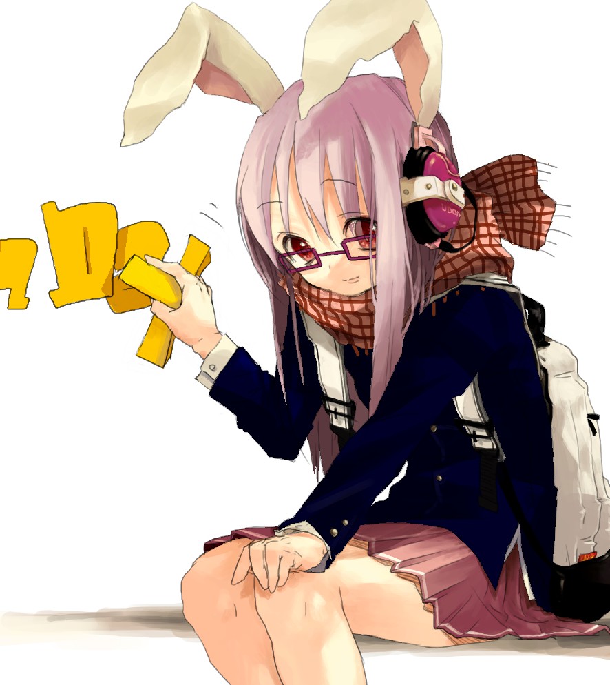 backpack bad_id bag bespectacled blazer glasses headphones long_hair plaid plaid_scarf purple_hair red_eyes reisen_udongein_inaba sachisaya scarf skirt touhou