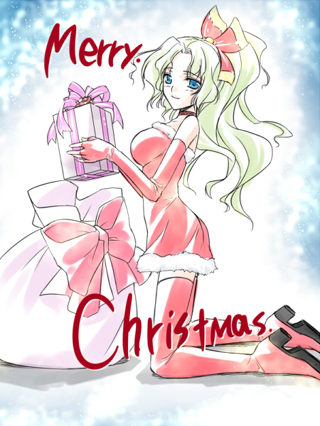 bag blue_eyes choker christmas elbow_gloves female final_fantasy final_fantasy_vi gloves green_hair high_heels himeyaxx long_hair pink_ribbon ponytail present red_ribbon ribbon santa_costume solo thigh-highs tina_branford