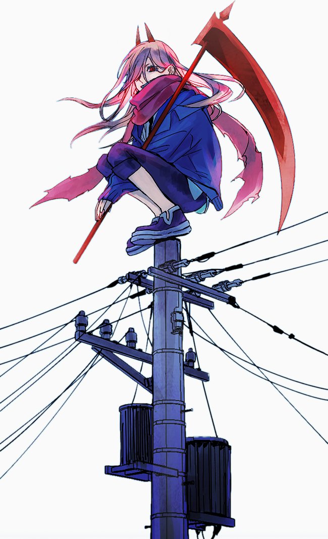 1girl black_necktie blue_hoodie chainsaw_man hair_over_one_eye holding holding_scythe hood hoodie horns kitunejima long_hair looking_at_viewer necktie pants pants_rolled_up pink_hair power_(chainsaw_man) power_lines red_horns scythe shirt simple_background smile solo squatting utility_pole white_background white_shirt