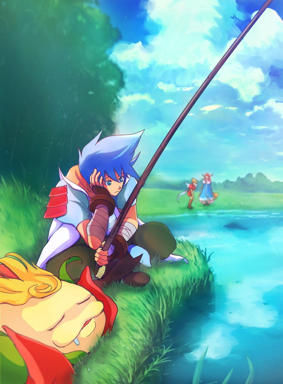 2girls angel_wings blonde_hair blue_eyes blue_hair breath_of_fire breath_of_fire_iii closed_mouth clouds dress drooling fishing fishing_rod grass highres long_hair makinko momo_(breath_of_fire) multiple_girls nina_(breath_of_fire_iii) ryuu_(breath_of_fire_iii) short_hair sitting teepo water white_wings wings
