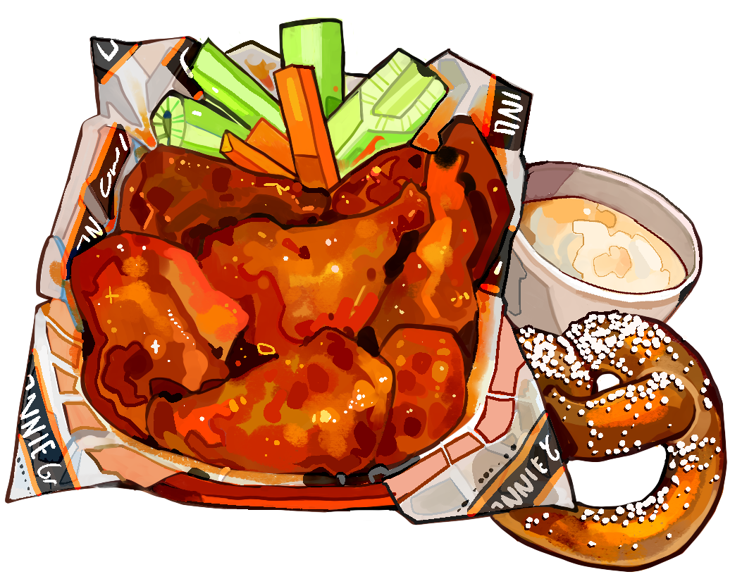 buffalo_wings carrot celery chicken_(food) commentary cup drink english_commentary fast_food food food_focus fried_chicken jadenvargen no_humans original pretzel simple_background still_life vegetable white_background wrapper