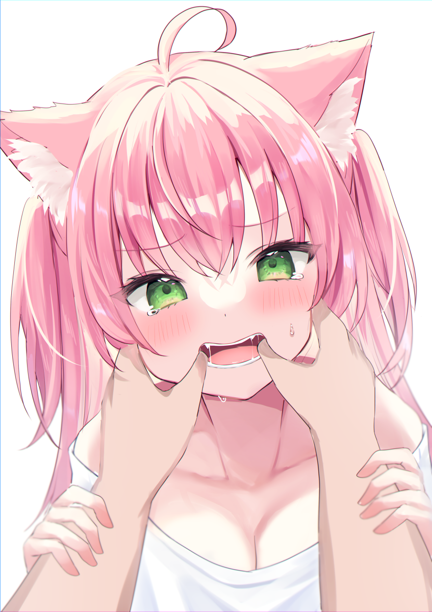 1girl animal_ear_fluff animal_ears arm_grab breasts cat_ears cat_girl finger_in_another's_mouth green_eyes hamico haruka_(hamico) highres long_hair looking_at_viewer medium_breasts mouth_pull original pink_hair pov pov_hands shirt sweat tears two_side_up white_background white_shirt