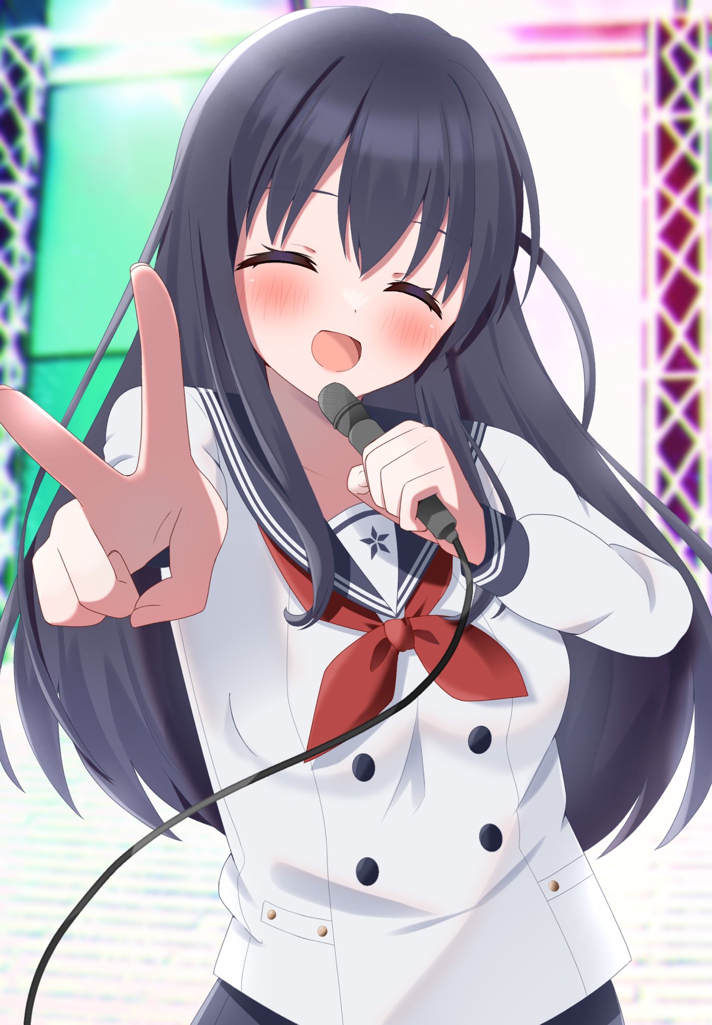 1girl :d black_hair black_sailor_collar blush breasts buttons closed_eyes collarbone cowboy_shot dot_nose double-breasted facing_viewer hair_between_eyes highres holding holding_microphone idoly_pride long_bangs long_hair long_sleeves looking_at_viewer medium_breasts microphone momo3pengin nagase_mana neckerchief one_side_up open_mouth outstretched_arm raised_eyebrows red_neckerchief sailor_collar school_uniform serafuku shirt sidelocks sleeve_cuffs smile solo stage straight_hair truss v white_shirt