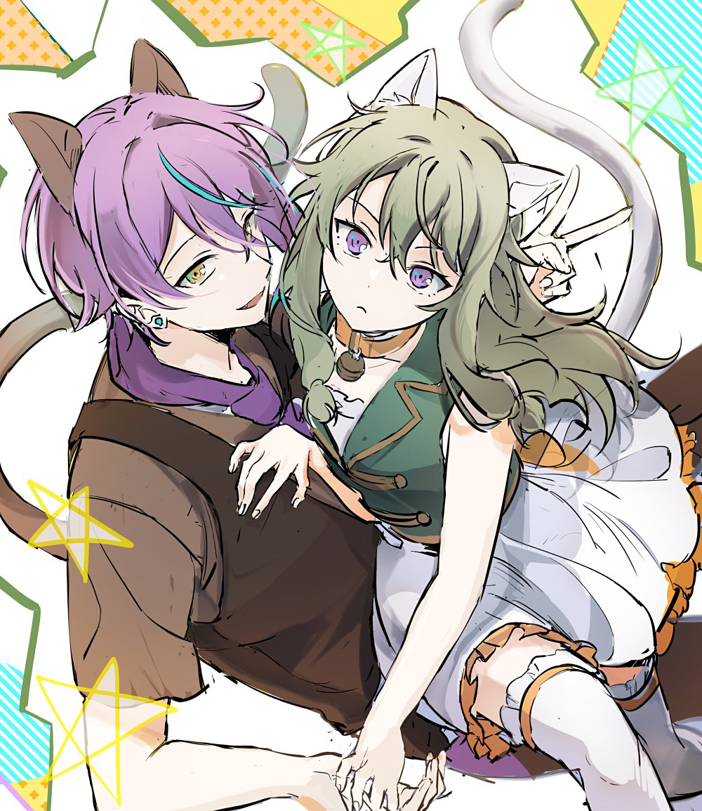 1boy 1girl animal_ears bare_shoulders bell blue_hair brown_vest cat_boy cat_ears cat_girl closed_mouth commentary dot_nose earrings fingernails green_hair iwatnc jewelry kamishiro_rui kusanagi_nene lapels long_hair multicolored_hair neck_bell notched_lapels open_mouth project_sekai purple_hair short_hair short_sleeves sleeveless star_(symbol) streaked_hair stud_earrings thigh-highs two-tone_hair v vest violet_eyes white_thighhighs yellow_eyes