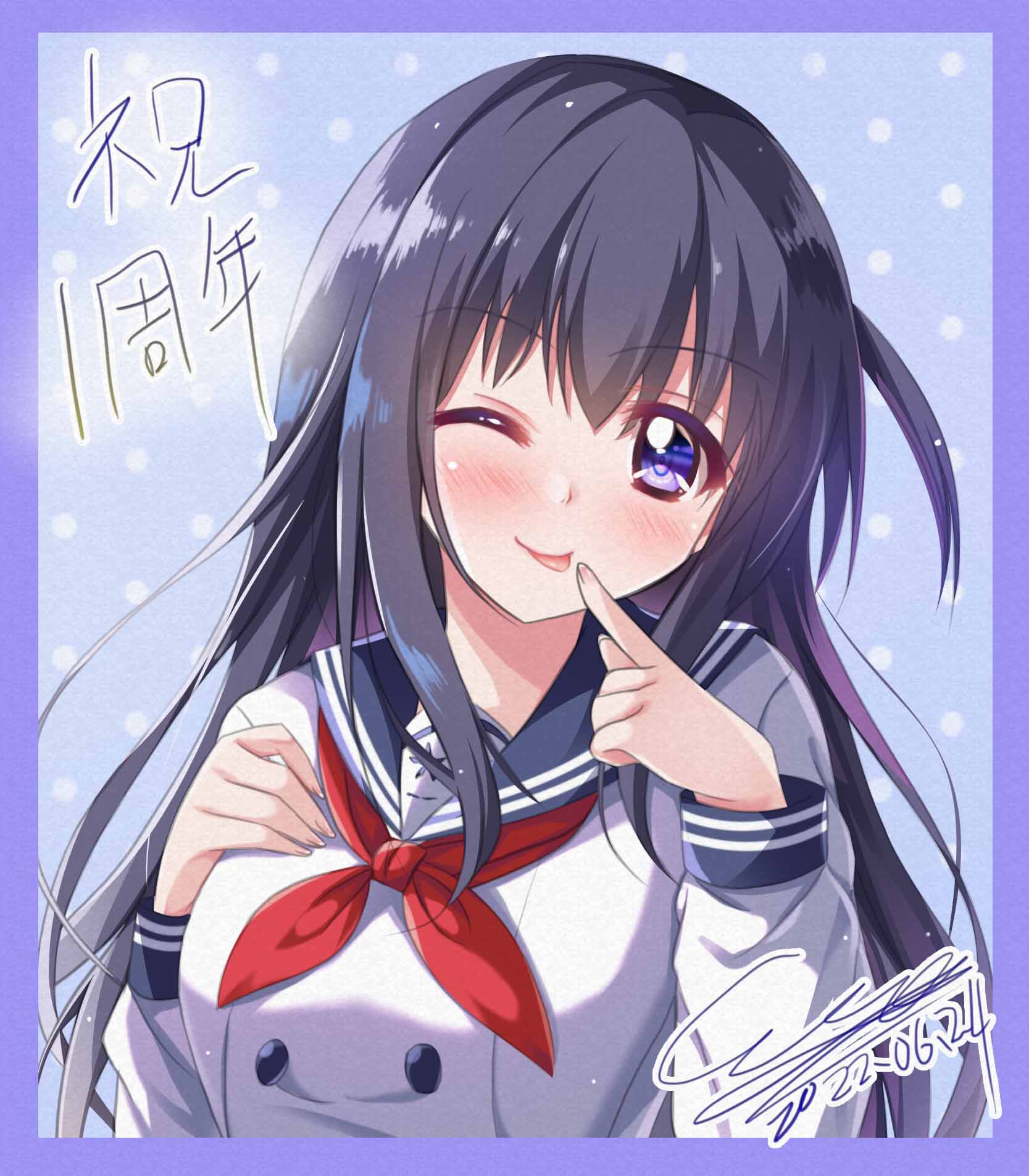 1girl :p black_hair blue_border blue_sailor_collar blush border breasts buttons closed_mouth dated double-breasted finger_to_mouth hand_on_own_chest hand_up head_tilt highres hizukiayane idoly_pride index_finger_raised long_bangs long_hair long_sleeves medium_breasts nagase_mana neckerchief one_eye_closed one_side_up portrait raised_eyebrows red_neckerchief sailor_collar school_uniform serafuku shirt sidelocks signature sleeve_cuffs smile solo straight_hair tongue tongue_out white_shirt
