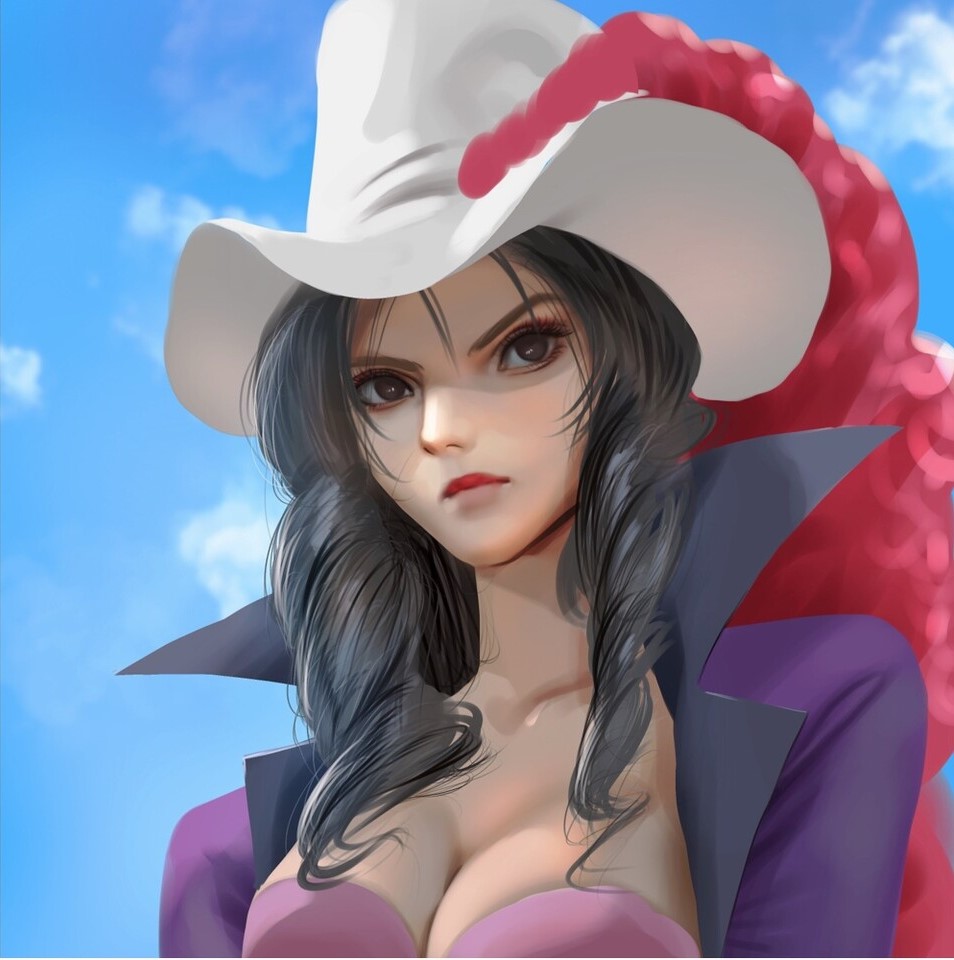 1girl alvida_(one_piece) black_eyes black_hair blue_sky closed_mouth clouds cloudy_sky cowboy_hat hat hat_feather long_hair one_piece outdoors realistic sky solo tony_maverick white_headwear