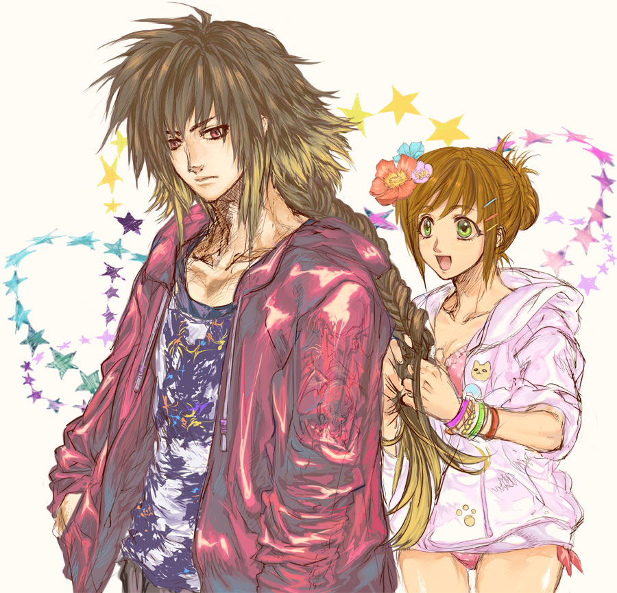 1boy 1girl albel_nox blonde_hair braid braided_ponytail brown_hair closed_mouth flower green_eyes hair_flower hair_ornament hairclip hood hoodie multicolored_hair open_mouth paw_print paw_print_pattern short_hair smile sophia_esteed star_(symbol) star_ocean star_ocean_till_the_end_of_time swimsuit swimsuit_under_clothes taramo0623 white_background