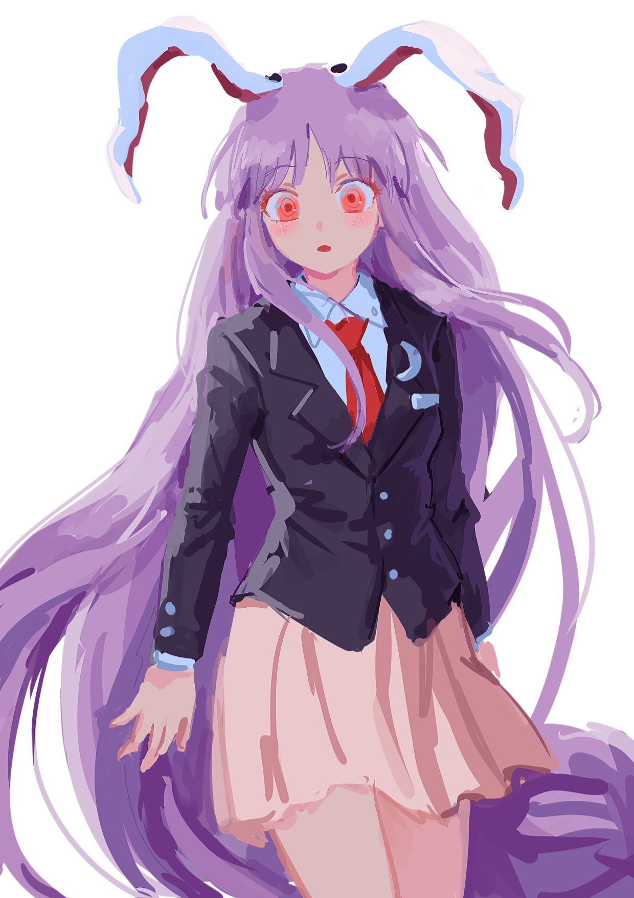 1girl animal_ears black_jacket blazer blush buttons collared_shirt cowboy_shot crescent crescent_pin highres himuhino imperishable_night jacket long_hair long_sleeves necktie open_mouth pink_skirt pleated_skirt purple_hair rabbit_ears red_eyes red_necktie reisen_udongein_inaba shirt simple_background skirt solo touhou white_background white_shirt