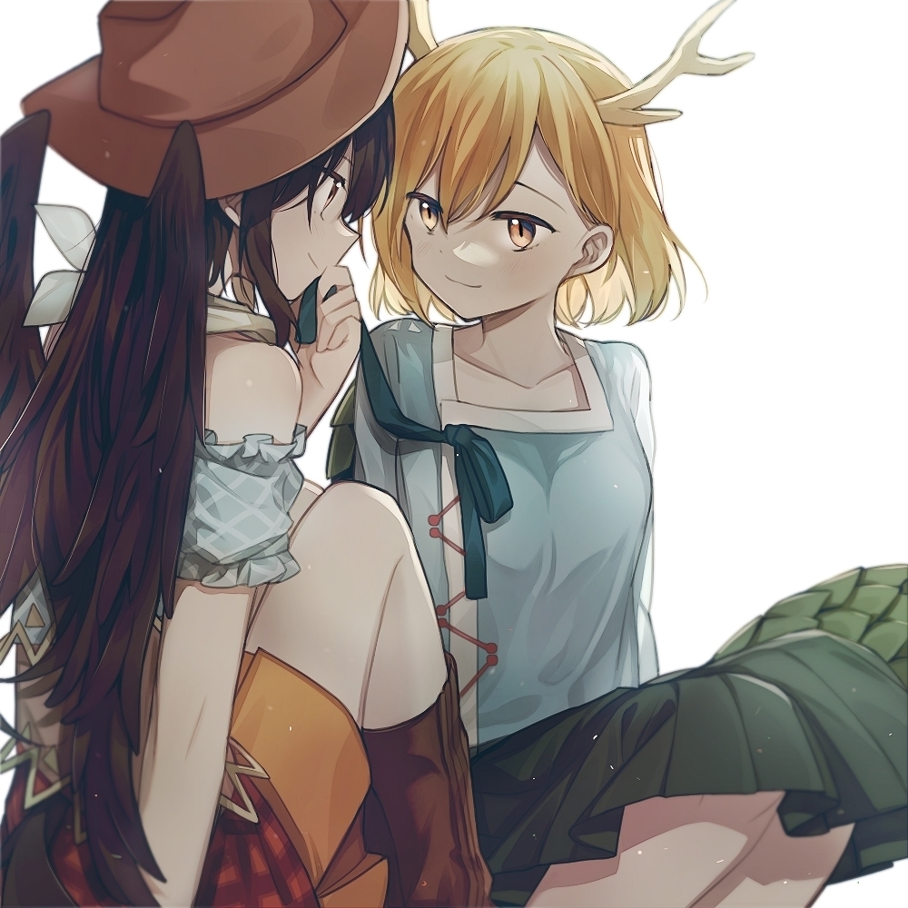 2girls antlers bandana bare_shoulders blonde_hair blue_shirt blue_skirt boots bow breasts brown_hair brown_headwear brown_wings chinese_commentary closed_mouth collarbone commentary_request cowboy_boots cowboy_hat dragon_girl dragon_tail eye_contact feathered_wings green_bow hair_behind_ear hat horse_girl horse_tail inuko_(ink0425) kicchou_yachie kurokoma_saki long_hair looking_at_another multiple_girls off-shoulder_shirt off_shoulder plaid plaid_skirt ponytail shirt short_hair short_sleeves sitting skirt small_breasts smile square_neckline tail touhou turtle_shell white_background white_bandana wings yellow_eyes yellow_horns yokozuwari yuri