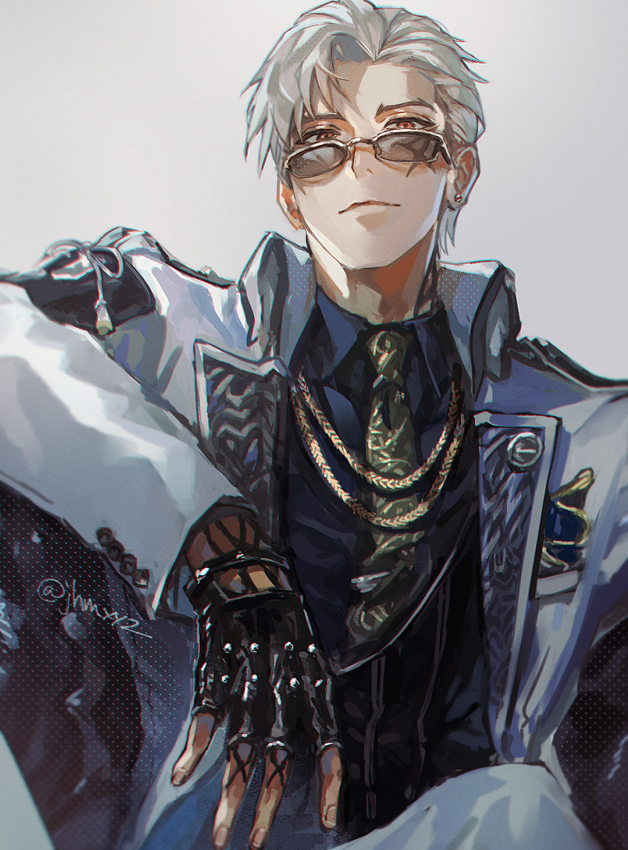 1boy arm_up black_gloves black_necktie black_shirt closed_mouth collared_shirt ear_piercing facial_tattoo glasses gloves highres jacket jhm_xyz long_sleeves looking_at_viewer male_focus necktie piercing red_eyes sanchoumou shirt short_hair smile solo tattoo touken_ranbu twitter_username white_background white_hair white_jacket