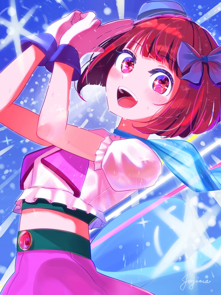 1girl arima_kana commentary_request happy highres idol idol_clothes jojimageorgenft open_mouth oshi_no_ko red_eyes redhead ribbon short_hair smile solo