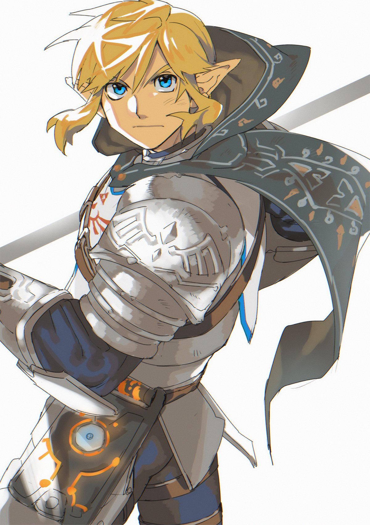 1boy armor blonde_hair blue_eyes cape closed_mouth highres hood hood_down hooded_cape link looking_at_viewer male_focus pointy_ears sagami_jon sheikah_slate shoulder_plates simple_background soldier's_set_(zelda) solo the_legend_of_zelda the_legend_of_zelda:_breath_of_the_wild white_background