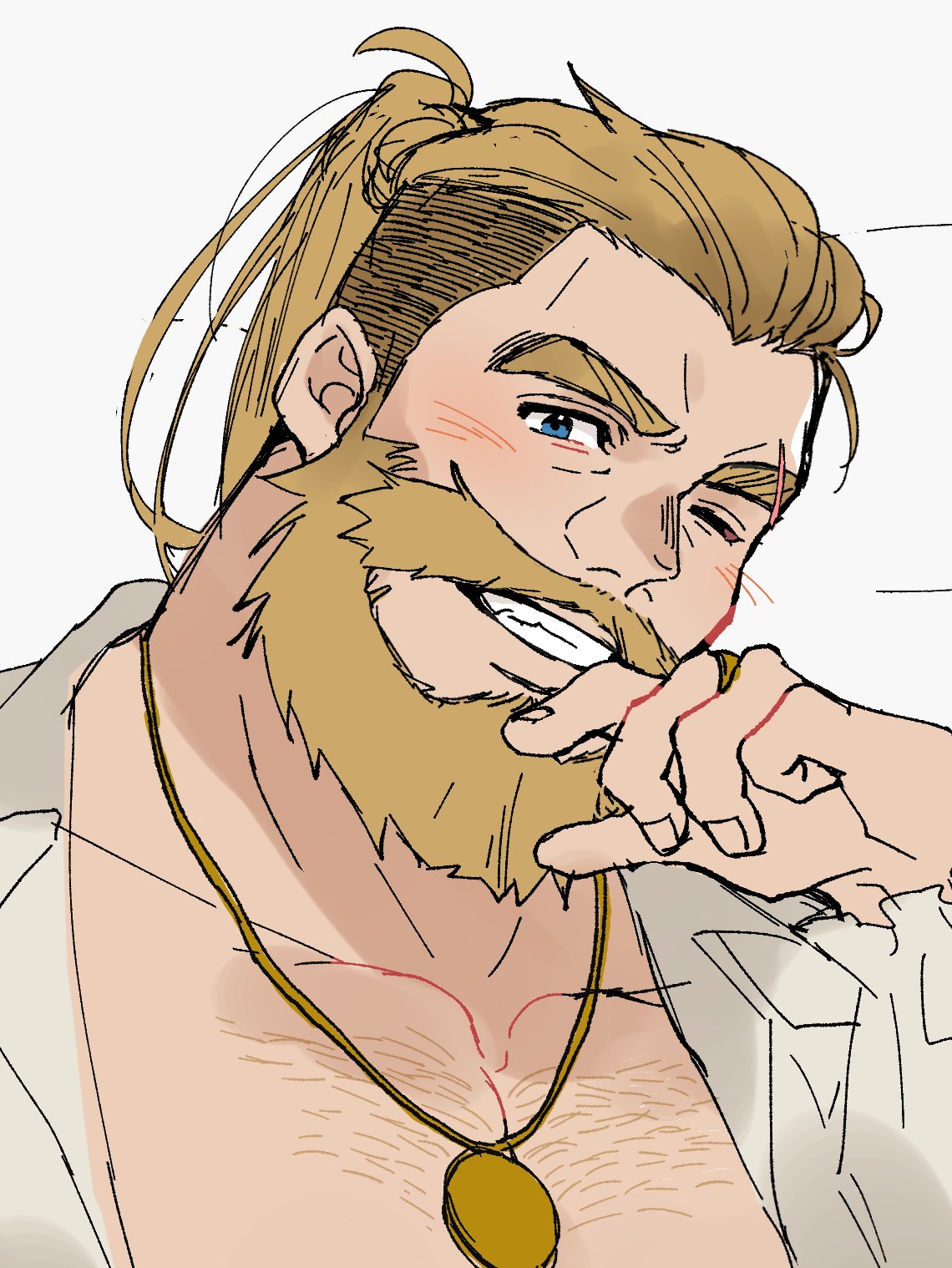 1boy beard bergamond_(crave_saga) blush chest_hair collared_shirt crave_saga eyebrow_cut facial_hair gold_necklace hand_on_own_face head_tilt high_ponytail highres jewelry light_brown_hair long_hair male_focus mature_male necklace one_eye_closed open_clothes open_shirt pectoral_cleavage pectorals shirt solo thick_eyebrows thick_mustache unfinished upper_body usuki_(usukine1go)