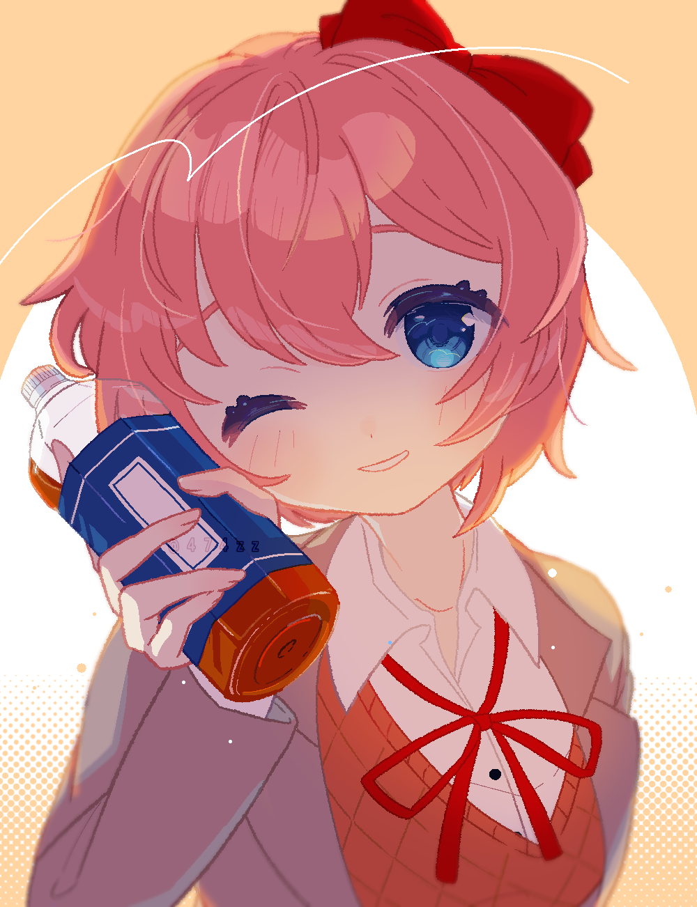 1girl ;) anzen_robo_(474zz) artist_name blazer blue_eyes blush bottle bow bowtie breasts brown_jacket brown_sweater_vest collarbone commentary doki_doki_literature_club dress_shirt drink eyelashes gradient_background hair_between_eyes hair_bow hair_strand head_tilt highres holding holding_bottle holding_drink iced_tea jacket long_sleeves looking_at_viewer medium_breasts neck_ribbon one_eye_closed open_clothes open_jacket orange_background parted_lips pink_hair portrait raised_eyebrows red_bow red_bowtie red_ribbon ribbon sayori_(doki_doki_literature_club) school_uniform shirt short_hair smile solo sweater_vest twitter_username upper_body white_shirt