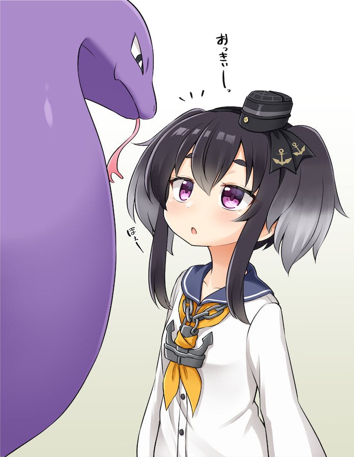 1girl anchor_symbol arbok black_hair blue_sailor_collar blush dress forked_tongue grey_hair hat kantai_collection long_sleeves mini_hat multicolored_hair neckerchief parted_lips pokemon pokemon_(creature) sailor_collar sailor_dress short_hair_with_long_locks simple_background suwa_yasai tokitsukaze_(kancolle) tongue translation_request violet_eyes white_dress