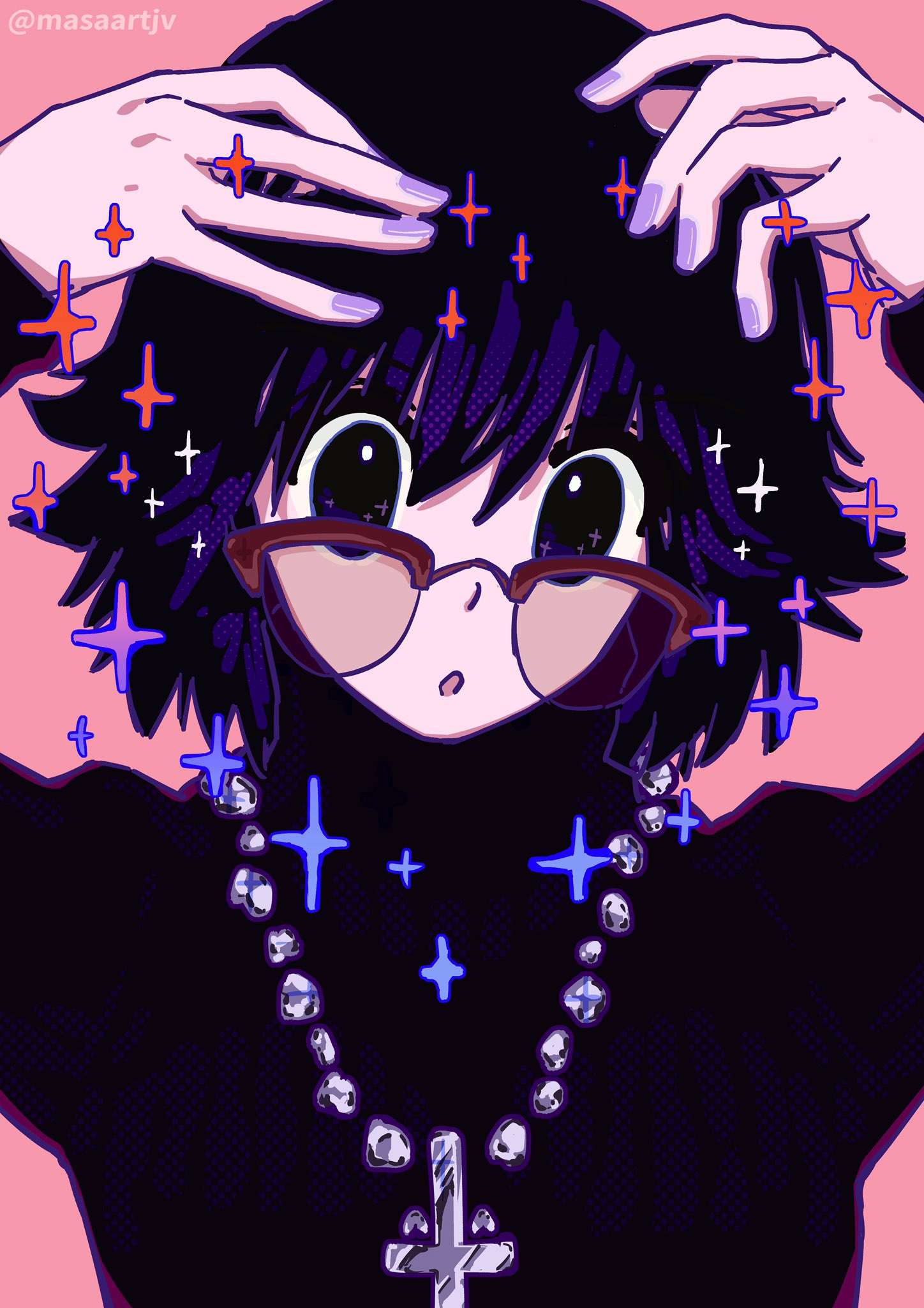 1girl artist_name black_hair black_sweater cross cross_necklace glasses highres hunter_x_hunter inverted_cross jewelry long_sleeves looking_at_viewer masaartjv nail_polish necklace pink_background shizuku_murasaki short_hair simple_background solo sweater turtleneck upper_body