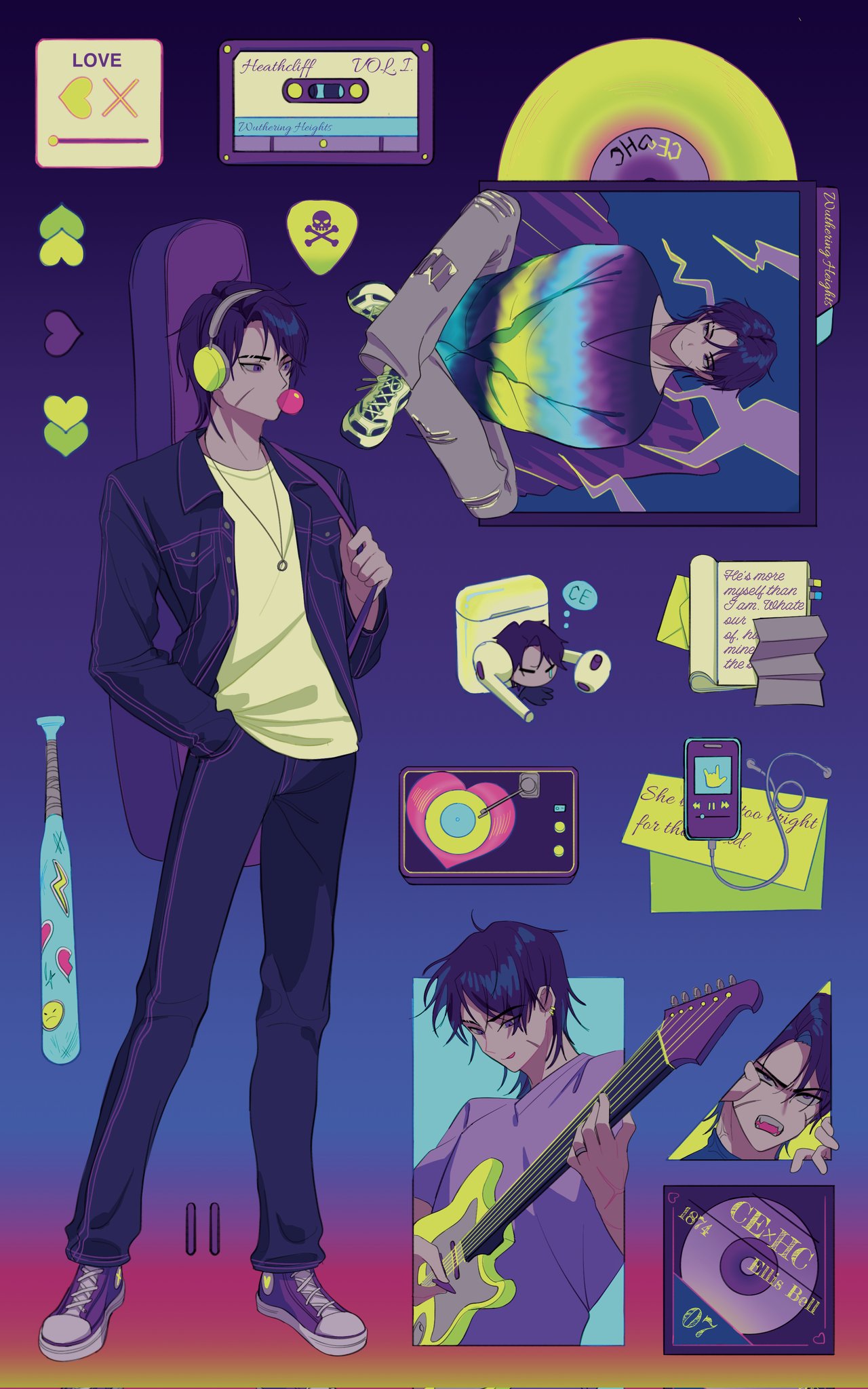 1boy baseball_bat cassette_tape cd commentary gradient_background headphones heart heathcliff_(limbus_company) highres jacket jewelry limbus_company long_sleeves male_focus multiple_views necklace pants play_button plectrum project_moon purple_footwear purple_hair purple_jacket purple_pants scar scar_on_face shirt shoes sneakers sticker szztzzs violet_eyes white_shirt wing_collar