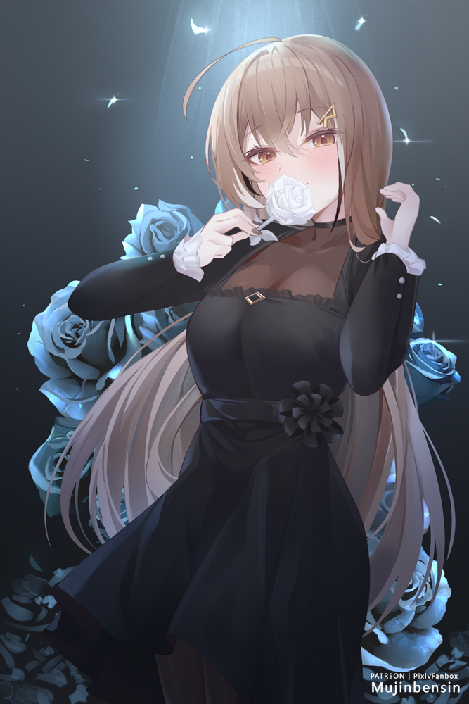 1girl ahoge black_dress black_sleeves blue_flower blue_rose blush brown_eyes brown_hair covered_mouth covering_mouth dress flower gradient_background hair_ornament hairclip holding holocouncil hololive hololive_english long_hair long_sleeves looking_at_viewer mujinbensin multicolored_hair nanashi_mumei petals rose rose_petals runes solo streaked_hair very_long_hair virtual_youtuber white_flower white_rose