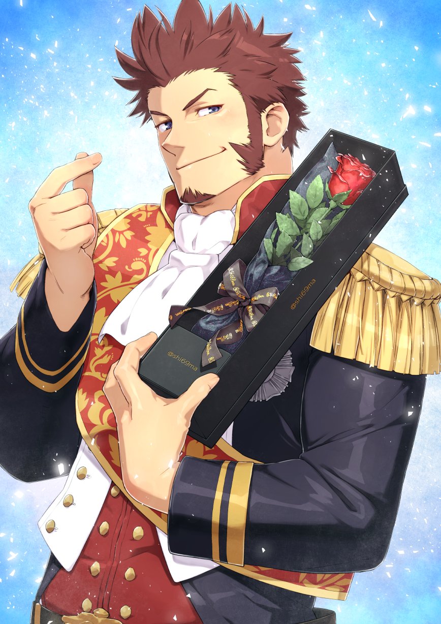 1boy artist_request ascot belt blue_eyes brown_hair come_hither epaulettes facial_hair fate/grand_order fate_(series) finger_heart flower fringe_trim goatee highres holding holding_flower jacket leather leather_jacket long_sideburns long_sleeves looking_at_viewer male_focus mature_male medal napoleon_bonaparte_(fate) rose sash seductive_smile shirozo_(shi69ma) short_hair sideburns smile solo spiky_hair thick_eyebrows upper_body