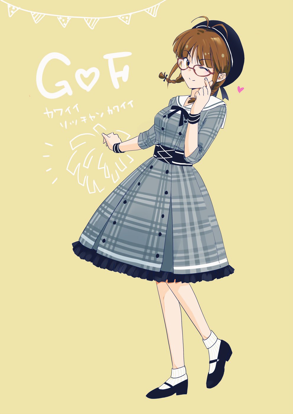 1girl akizuki_ritsuko antenna_hair black_bow black_footwear black_headwear black_ribbon black_wristband blush bow braid breasts brown_eyes brown_hair closed_mouth cornpotage00 dot_nose dress dress_bow frilled_dress frills full_body glasses grey_dress hair_bow hair_ribbon hand_on_own_cheek hand_on_own_face hand_up hat heart highres idolmaster idolmaster_(classic) idolmaster_million_live! idolmaster_million_live!_theater_days large_breasts leg_up long_sleeves looking_at_viewer mary_janes neck_ribbon one_eye_closed pink-framed_eyewear plaid plaid_dress ribbon sailor_collar shoes simple_background smile socks solo standing standing_on_one_leg string_of_flags twin_braids twintails white_sailor_collar white_socks yellow_background
