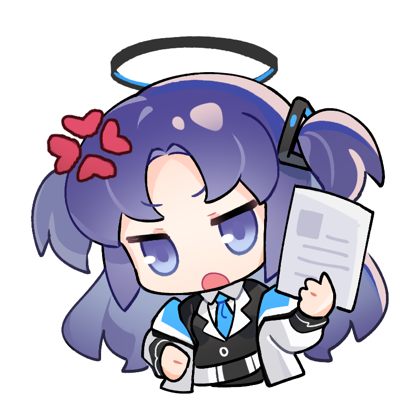 1girl anger_vein black_jacket blue_archive blue_eyes blue_hair blue_necktie chibi chinese_commentary commentary_request cropped_torso hair_ornament halo holding holding_paper jacket long_hair long_sleeves necktie niko_(nikooo2016) open_mouth paper shirt solo transparent_background two_side_up upper_body white_jacket white_shirt yuuka_(blue_archive)