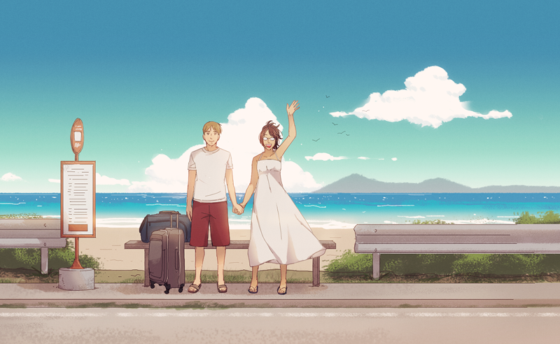 1boy 1girl bag bench brown_hair clouds commentary contemporary couple dress duffel_bag english_commentary glasses hange_zoe hanpetos hetero holding_hands moblit_berner mountain ocean opaque_glasses open_mouth red_shorts road rolling_suitcase sandals shingeki_no_kyojin shirt shorts sidewalk sign sky smile suitcase sundress t-shirt waving white_dress white_shirt