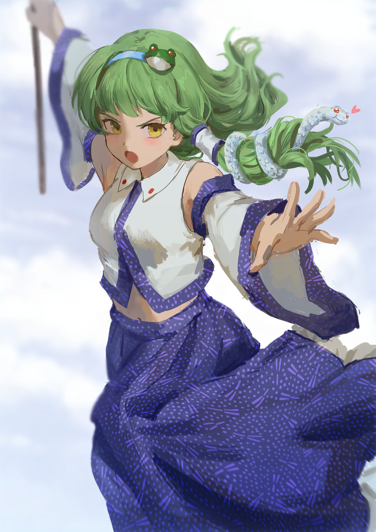 1girl arms_up bare_shoulders blue_skirt blurry blush breasts depth_of_field detached_sleeves floating_hair frog_hair_ornament gohei hair_ornament hairband highres himuhino holding holding_stick kochiya_sanae medium_breasts midriff mountain_of_faith navel open_mouth serious skirt solo stick touhou v-shaped_eyebrows yellow_eyes