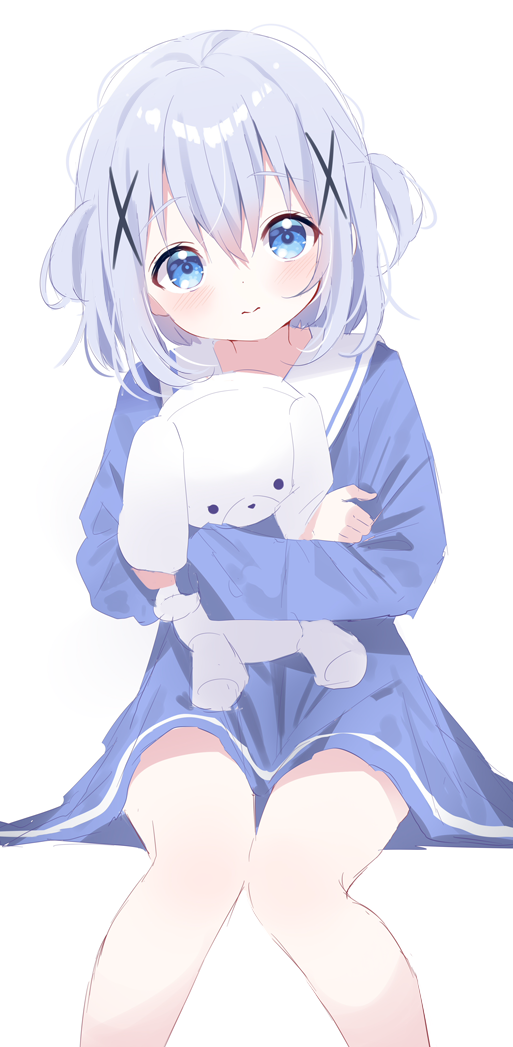 1girl aged_down blue_dress blue_eyes blue_hair closed_mouth commentary_request deyui dress feet_out_of_frame gochuumon_wa_usagi_desu_ka? hair_between_eyes hair_ornament kafuu_chino knees_together_feet_apart long_sleeves looking_at_viewer object_hug puffy_long_sleeves puffy_sleeves simple_background sitting solo stuffed_animal stuffed_rabbit stuffed_toy two_side_up white_background x_hair_ornament