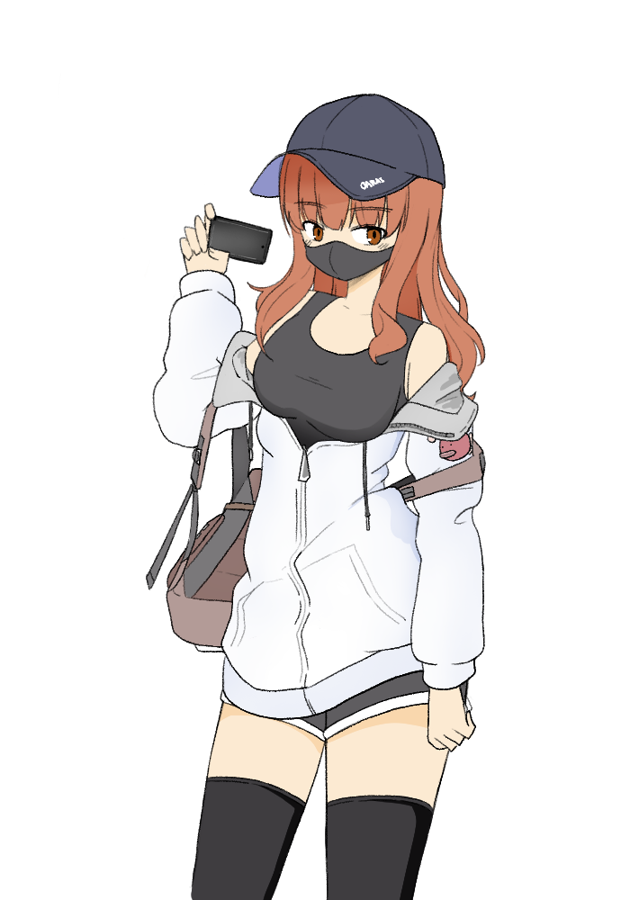 1girl anglerfish backpack bag baseball_cap black_headwear black_shorts black_tank_top black_thighhighs blunt_bangs casual cellphone commentary cowboy_shot dolphin_shorts emblem fish girls_und_panzer guropara hat holding holding_phone jacket long_hair looking_at_viewer mask mouth_mask off_shoulder orange_eyes orange_hair partially_unzipped phone shorts simple_background smartphone solo standing takebe_saori tank_top thigh-highs white_background white_jacket