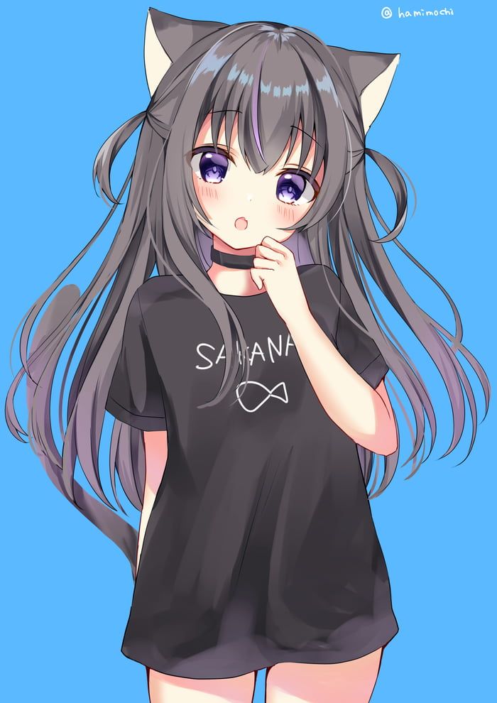 1girl :o animal_ears black_hair black_shirt black_t-shirt blush cat_ears cat_girl cat_tail child choker flat_chest hamimochi long_hair looking_at_viewer no_pants original oversized_clothes solo solo_focus tagme tail