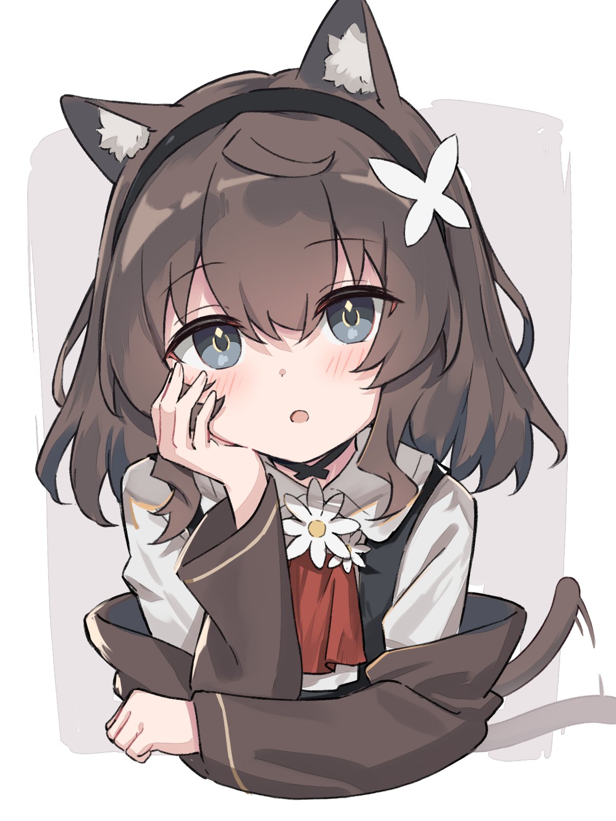 1girl afterimage animal_ear_fluff animal_ears arm_support black_choker black_hairband black_vest brown_coat brown_hair cat_ears cat_girl cat_tail choker coat grey_eyes hairband head_rest highres kurioshi_fio long_sleeves looking_at_viewer medium_hair off_shoulder open_clothes open_coat open_mouth original satou_(3366_s) shirt simple_background tail tail_wagging vest white_shirt