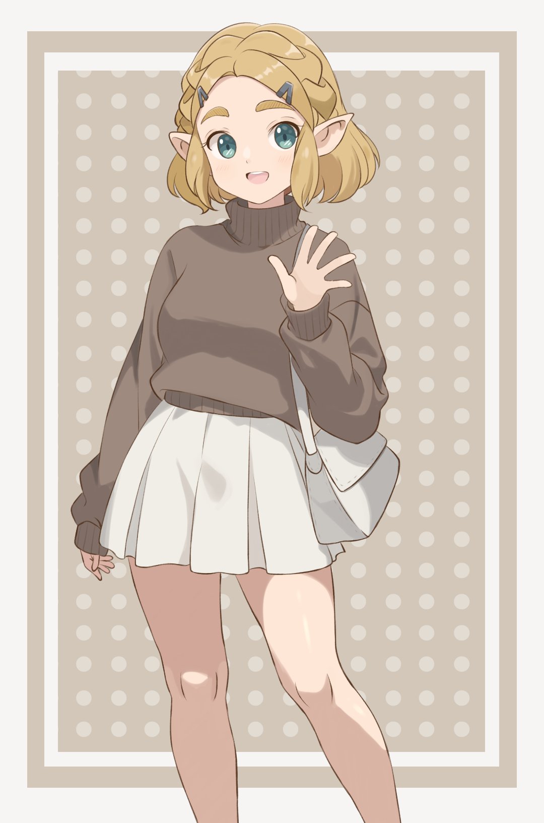 1girl alternate_costume bag bare_legs blonde_hair braid brown_sweater chocomiru commentary crown_braid english_commentary feet_out_of_frame green_eyes hair_ornament hairclip hand_up highres legs long_sleeves looking_at_viewer miniskirt official_alternate_hair_length official_alternate_hairstyle open_hand open_mouth outside_border parted_bangs pleated_skirt pointy_ears princess_zelda short_hair shoulder_bag sidelocks skirt solo sweater teeth the_legend_of_zelda the_legend_of_zelda:_tears_of_the_kingdom thick_eyebrows turtleneck turtleneck_sweater upper_teeth_only waving white_skirt