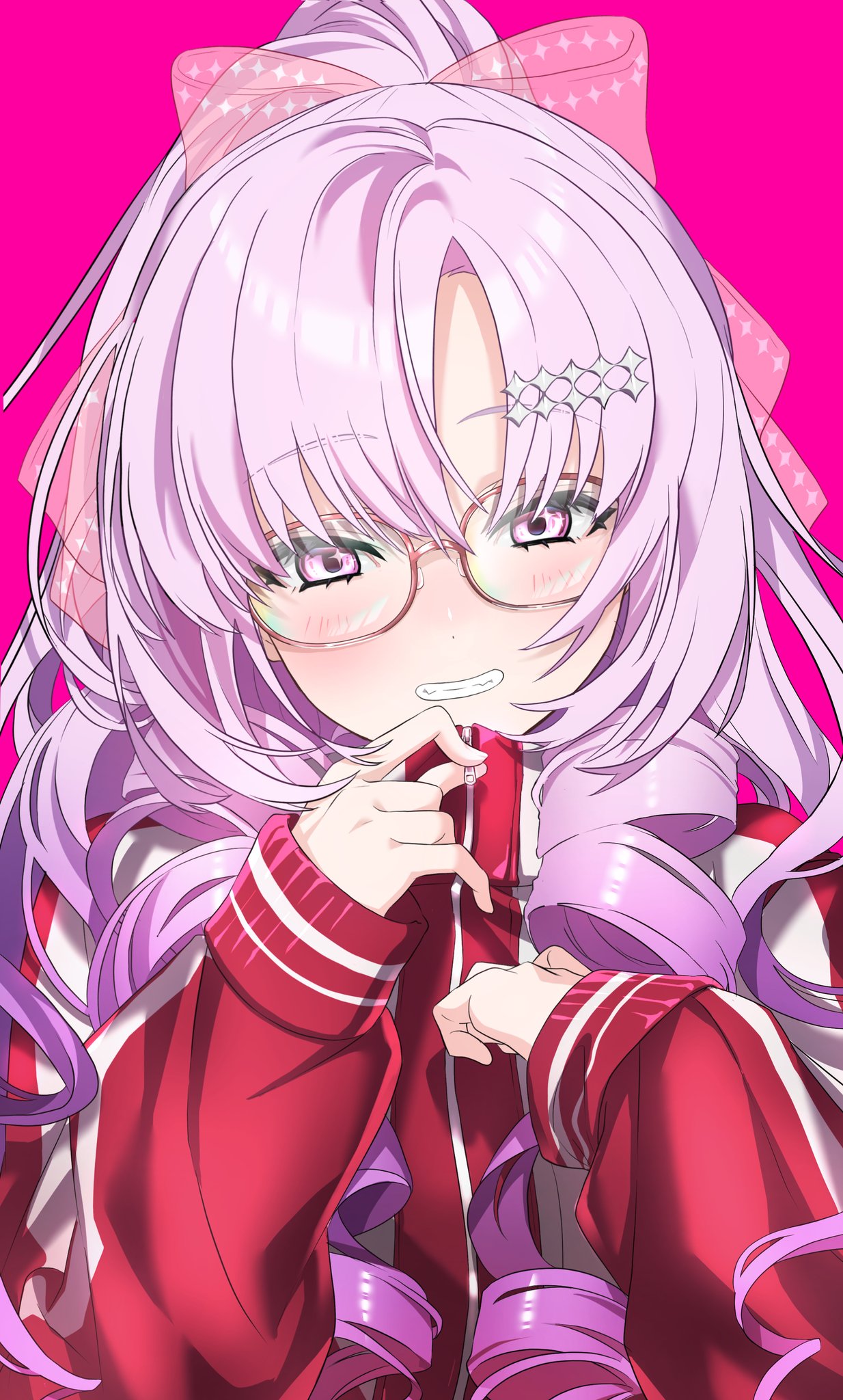 00_00mare 1girl blush bow drill_hair drill_sidelocks glasses hair_bow hair_ornament hairclip head_tilt highres hyakumantenbara_salome hyakumantenbara_salome_(2nd_costume) jacket light_purple_hair long_hair long_sleeves looking_at_viewer nijisanji official_alternate_costume parted_bangs pink_background pink_bow ponytail red_track_suit ringlets sidelocks simple_background smile solo teeth track_jacket violet_eyes virtual_youtuber zipper zipper_pull_tab